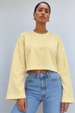 Geniş Kol Bisiklet Yaka Basic Sweatshirt - Sarı