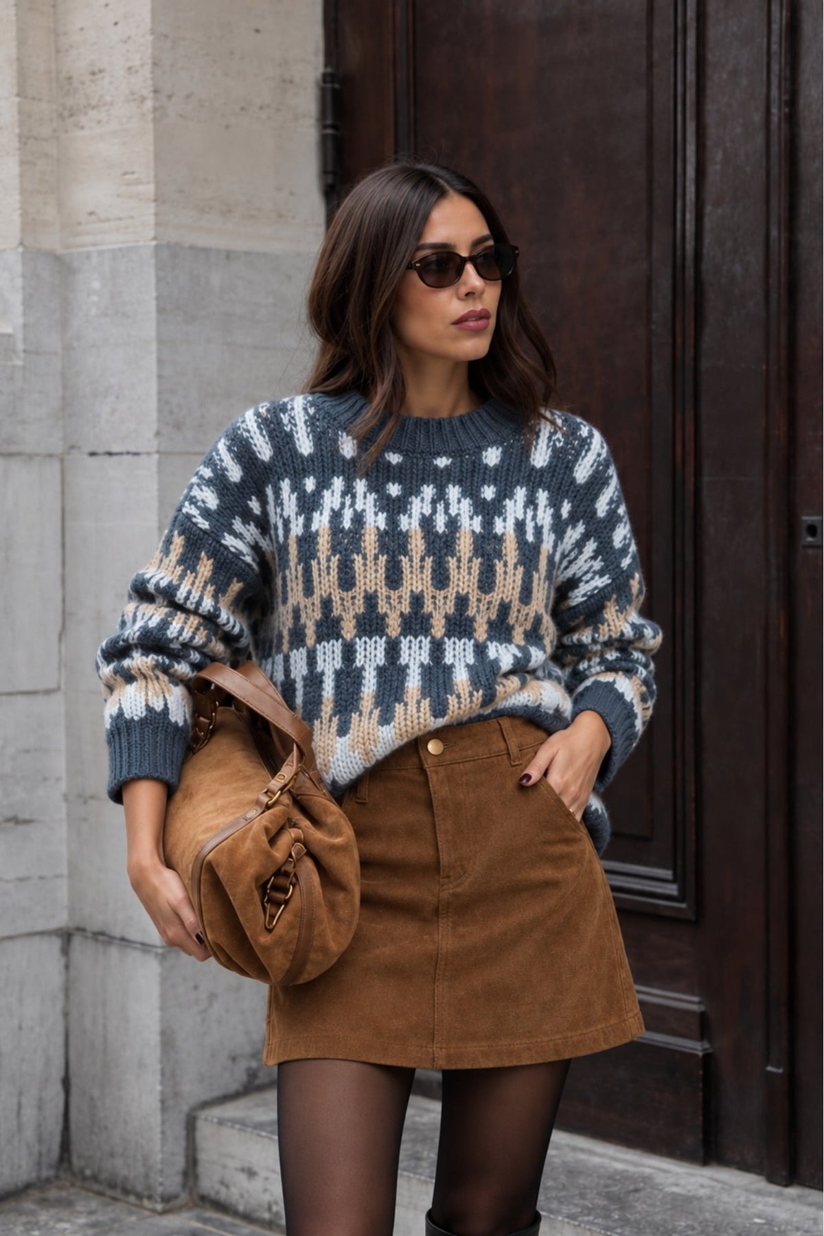 Desenli Oversize Triko Kazak - Mavi