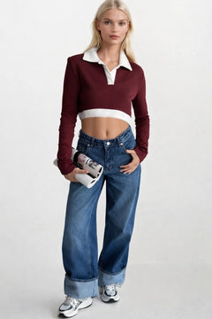 Polo Yaka Garnili Crop Sweatshirt - Bordo