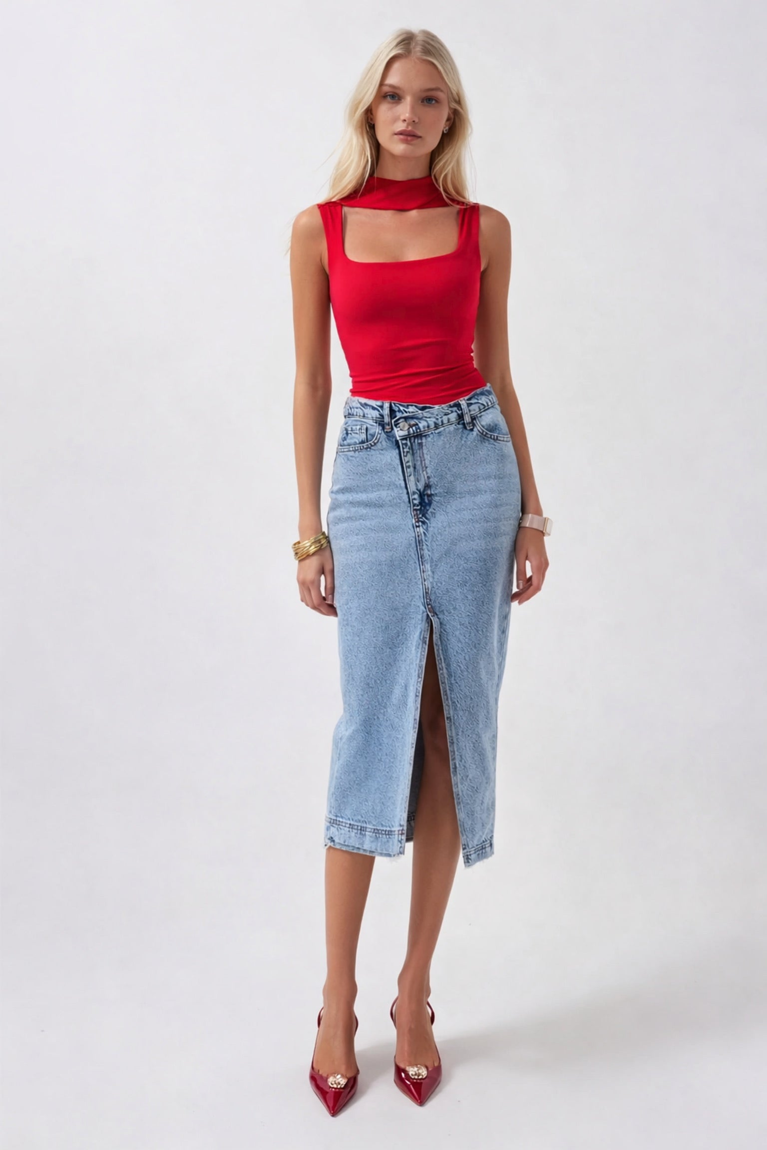 Yırtmaç Detay Denim Midi Etek - Açık Mavi