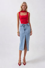 Slit Detail Denim Midi Skirt
