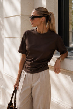 Bel Büzgülü Basic T-Shirt - Kahverengi
