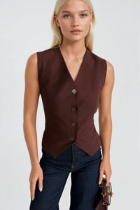 Flat Pocket Buttoned Linen Vest
