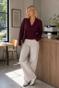 V-Neck Ribbed Waist Knit Sweater