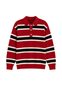 Polo Collar Button Detail Striped Knit Blouse