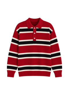 Polo Yaka Düğme Detay Çizgili Triko Bluz - Kırmızı