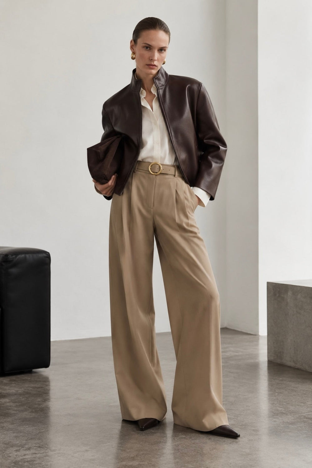 Belted Detail High Waist Pleated Trousers