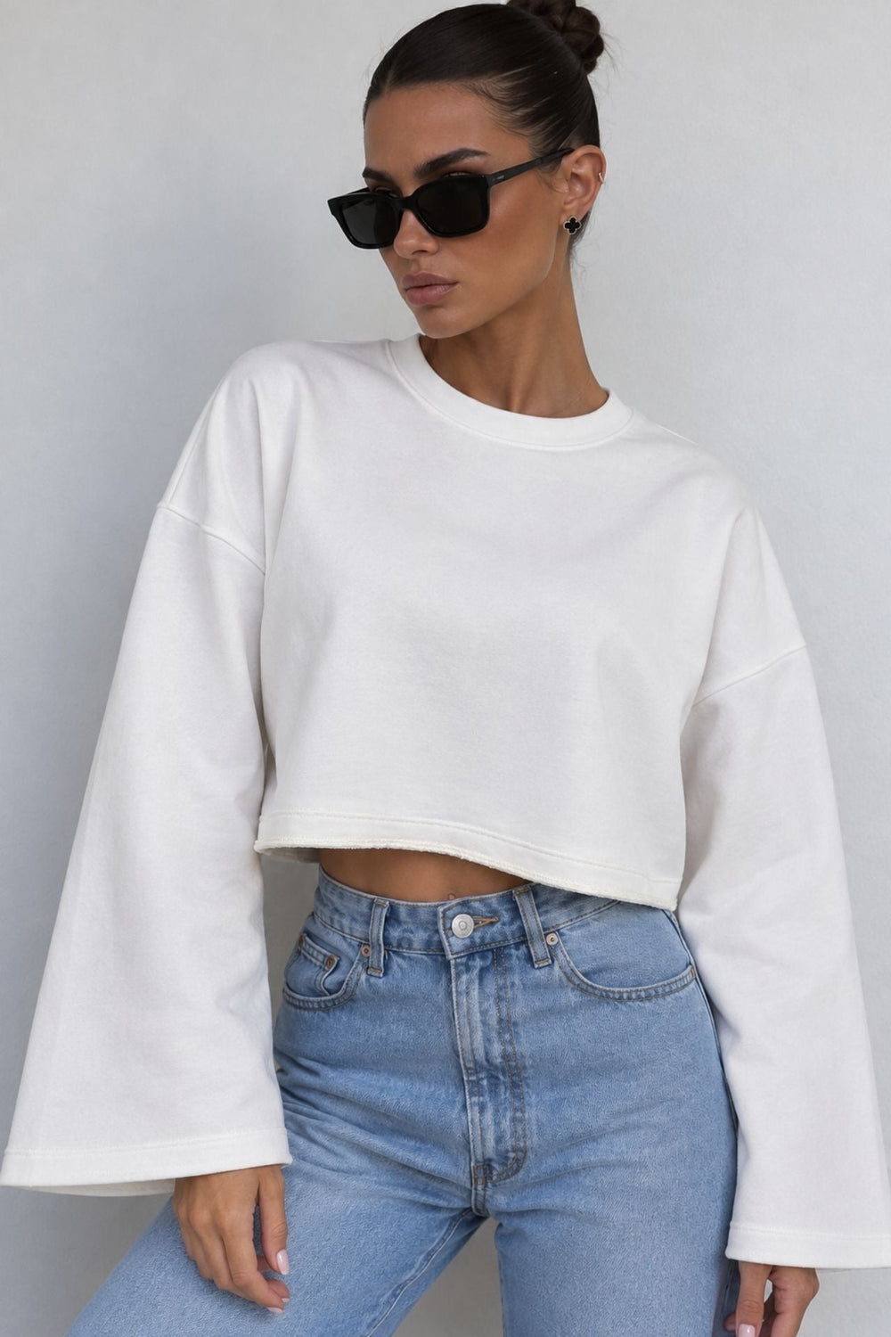 Wide Sleeve Crew Neck Basic Sweatshirt