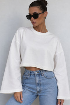 Geniş Kol Bisiklet Yaka Basic Sweatshirt - Beyaz