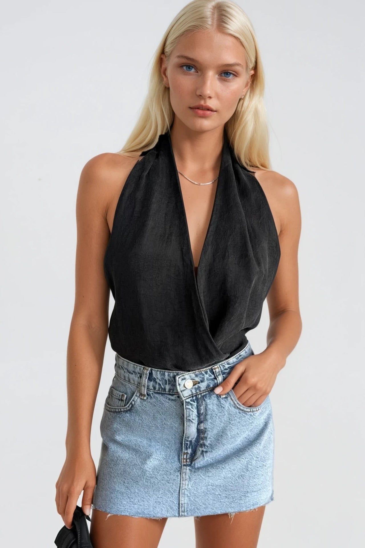 Lazer Kesim Denim Mini Etek - Mavi