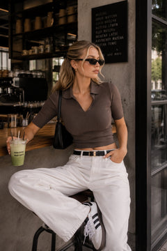 Polo Yaka Triko Crop Bluz - Bej