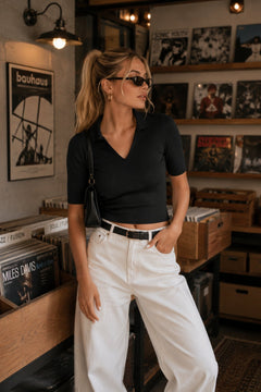 Polo Yaka Triko Crop Bluz - Siyah