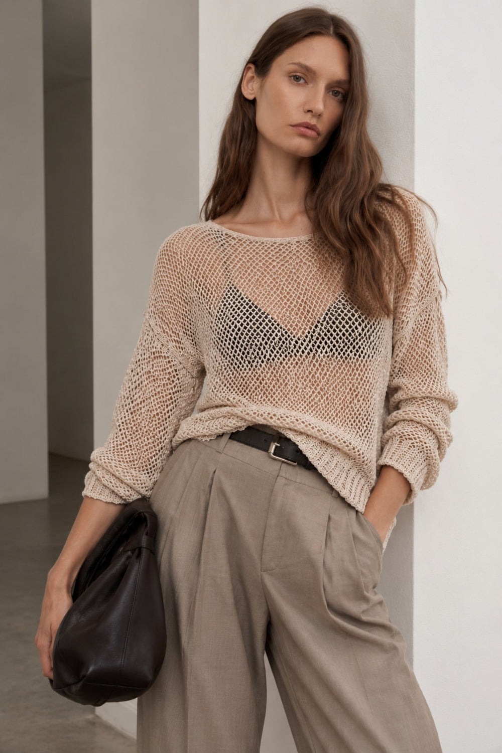 Boat Neck Openwork Knit Blouse