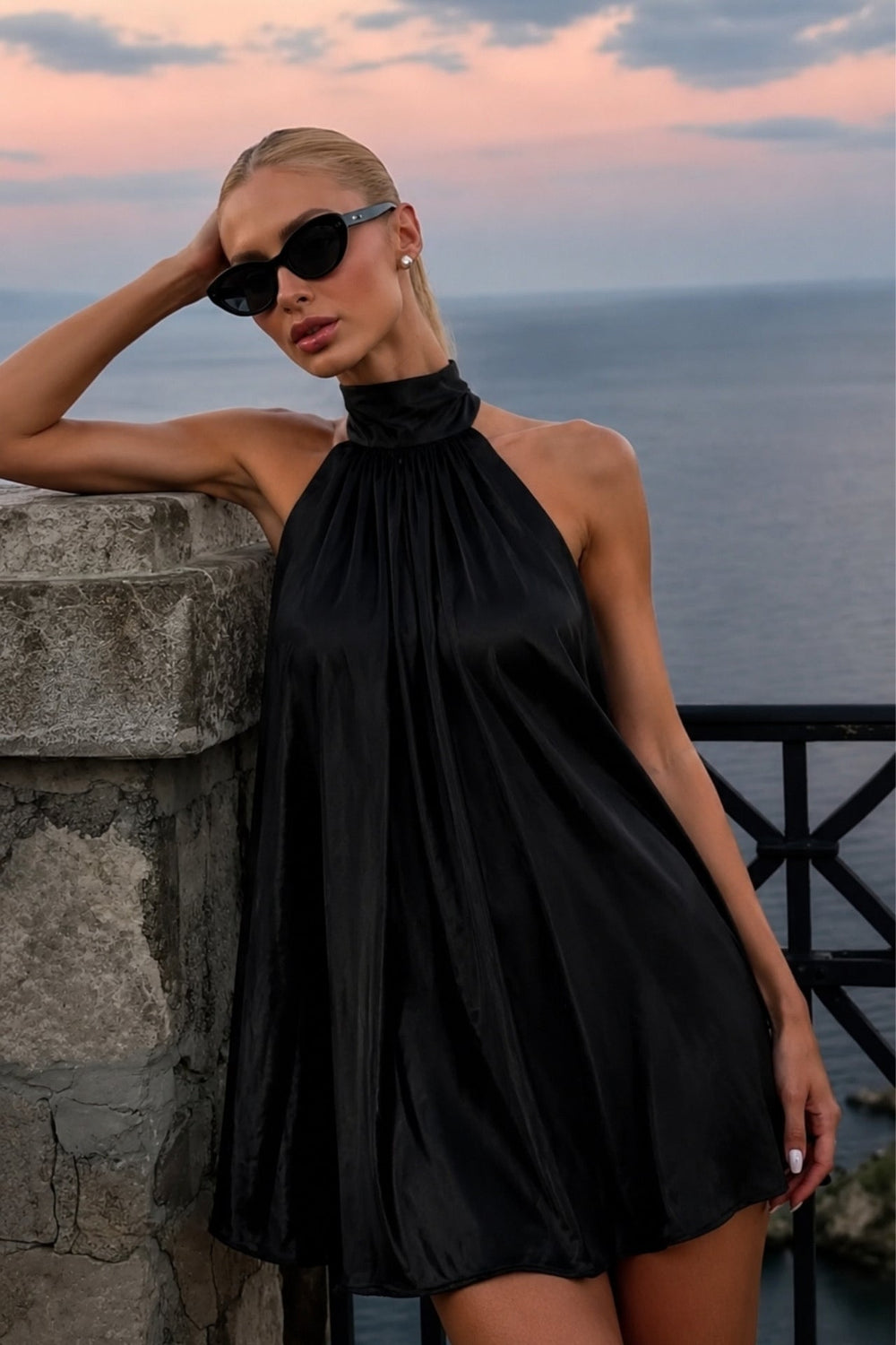 Turtle Neck Backless Satin Mini Dress