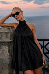 Turtle Neck Backless Satin Mini Dress