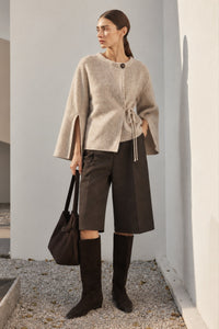Button Detail Tie-Front Cape Cardigan