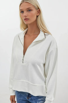 Fermuar ve Dikiş Detaylı Sweatshirt - Ekru