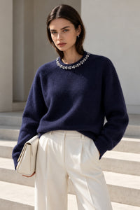 Stone Embroidered Collar Crew Neck Knit Sweater