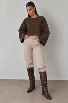 Geniş Kol Bisiklet Yaka Basic Sweatshirt - Kahverengi