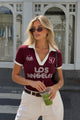 Polo Yaka Çift Renk Baskılı Crop T-Shirt - Bordo