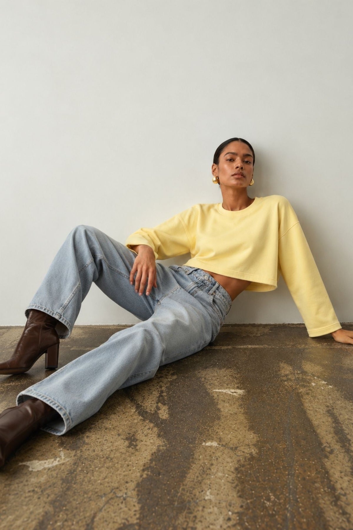 Geniş Kol Bisiklet Yaka Basic Sweatshirt - Sarı