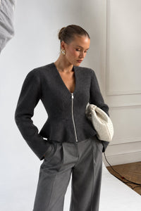Pleat Detail V-Neck Zip-Up Knit Sweater