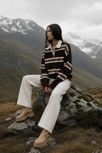 Striped Button-Up Polo Neck Knit Blouse