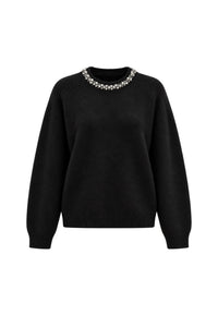 Stone Embroidered Collar Crew Neck Knit Sweater