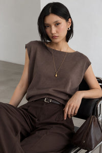Boat Neck Waist-Fitted Sleeveless Knit Blouse