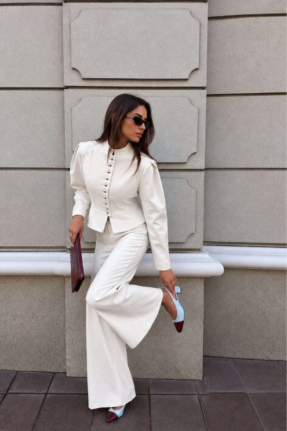 Crew Neck Button Detail Jacket Pleated Trousers Two-Piece Set