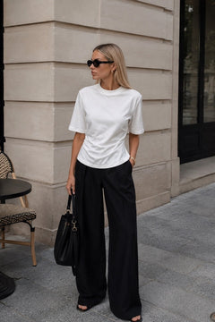 Bel Büzgülü Basic T-Shirt - Beyaz