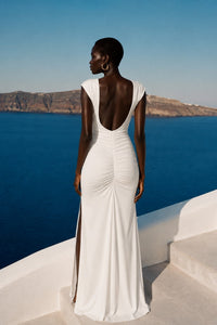 Shoulder Pad Detail Slit Shirred Maxi Dress