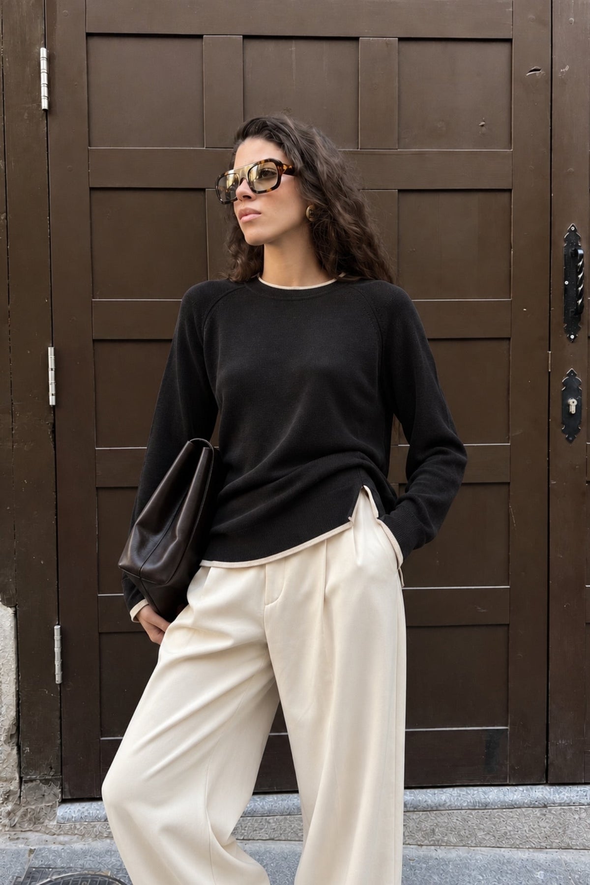 Çift Yaka Uzun Kol Basic Triko Bluz - Siyah