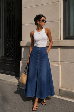 Dikiş Detay Yırtmaçlı Maxi Denim Etek - Koyu Mavi