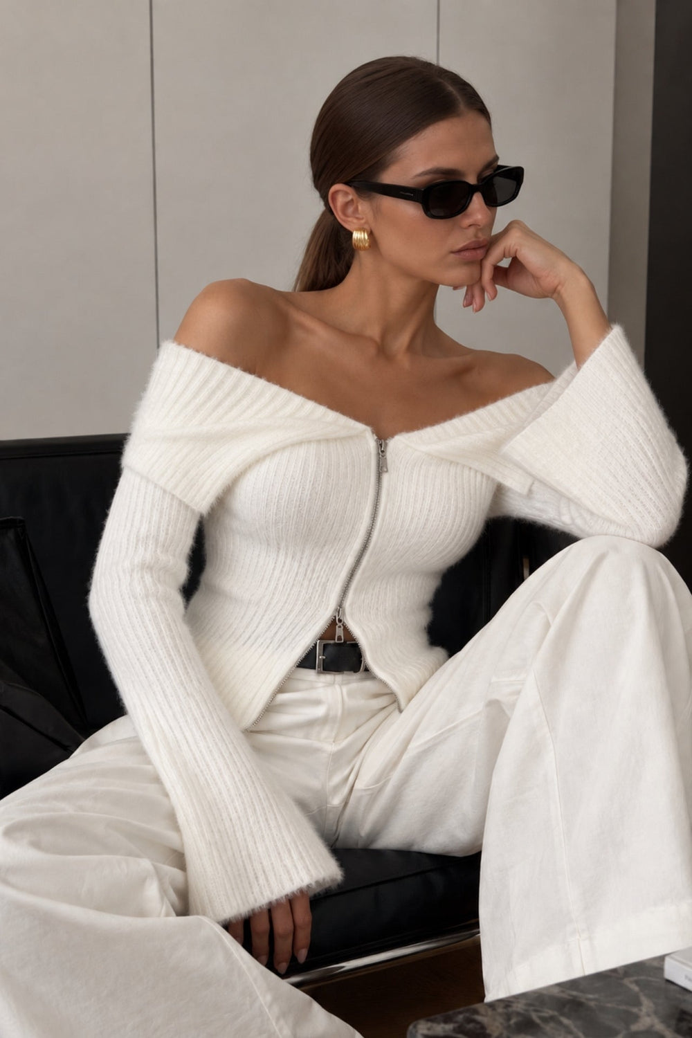 Madonna Collar Zipper Detail Plush Blouse
