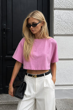 Yıkama Efektli Crop Tişört - Pembe