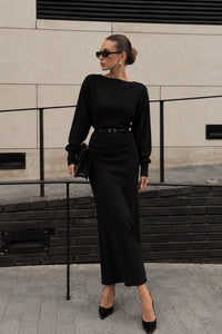 Belt Detail Boat Neck Maxi Knit Dress