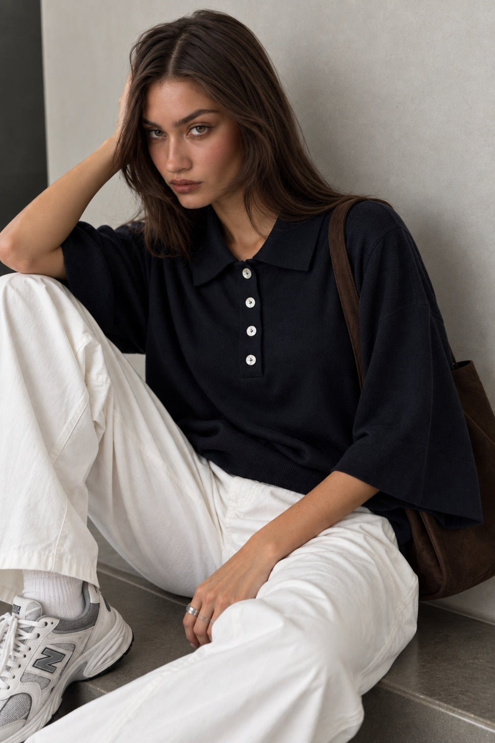 Polo Neck Button Detail Wide Sleeve Blouse