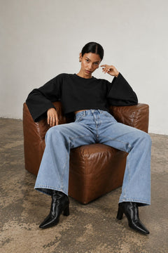 Geniş Kol Bisiklet Yaka Basic Sweatshirt - Siyah