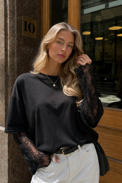 Bisiklet Yaka Kol Dantel Detay Oversize T-Shirt - Siyah
