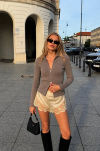 Polo Yaka Çift Fermuarlı Triko Bluz