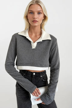 Polo Yaka Garnili Crop Sweatshirt - Gri
