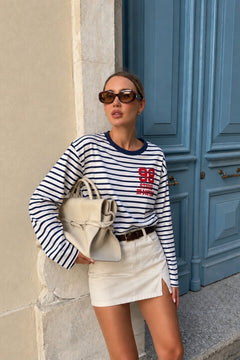 Baskılı Çizgi Detay Basic Sweatshirt - Lacivert