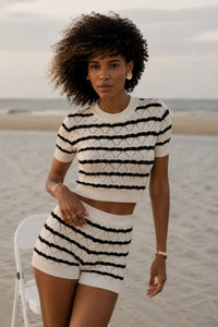 Striped Eyelet Blouse and Shorts Set