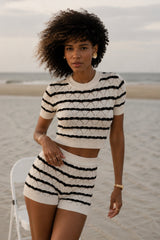 Striped Eyelet Blouse and Shorts Set