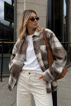 Basic Oversize Ekose Gömlek - Bej