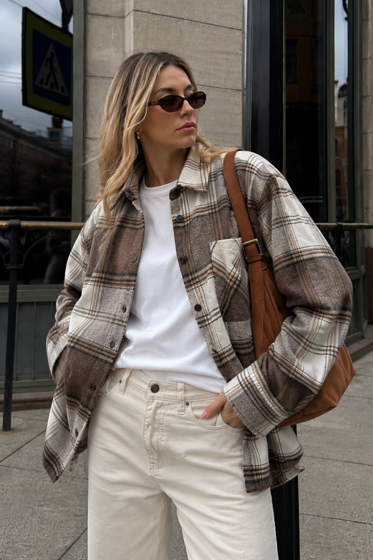 Basic Oversize Ekose Gömlek - Bej