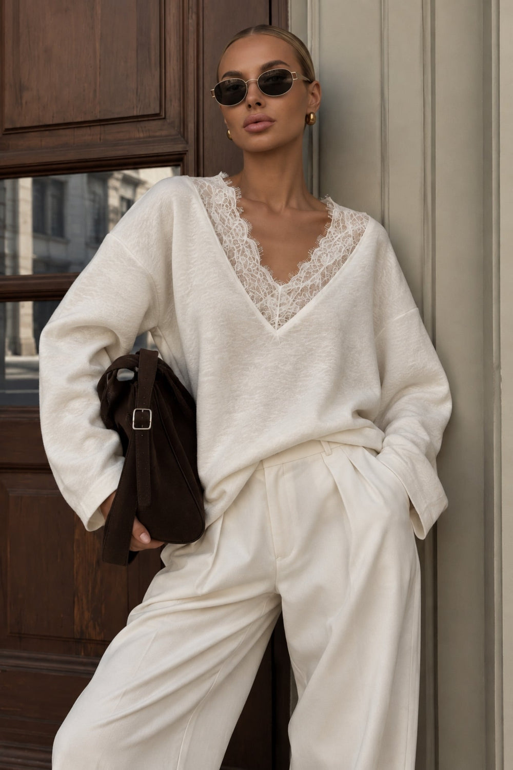 V-Neck Lace Detail Knit Sweater