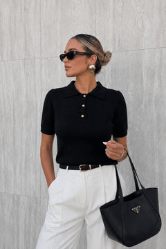 Polo Yaka Gold Düğmeli Bluz - Siyah