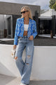 Desenli Crop Blazer Ceket - Mavi